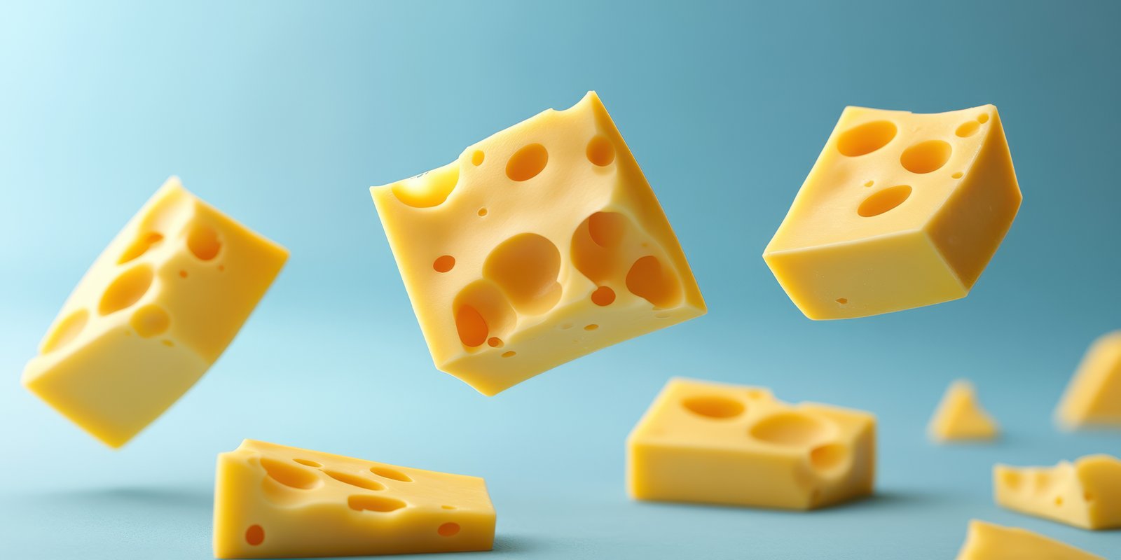 Floating yellow cheese blocks against a soft blue background create a whimsical and playful atmosphere